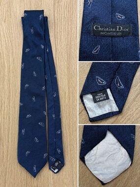 Vintage Christian Dior Monsieur Silk Tie Navy Blue Geometric Pattern
